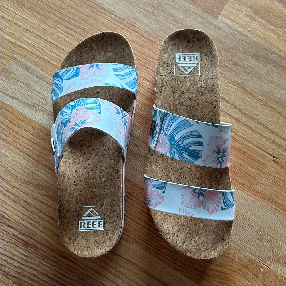 Reef Floral Cork Sandals with Blue and Pink Accents